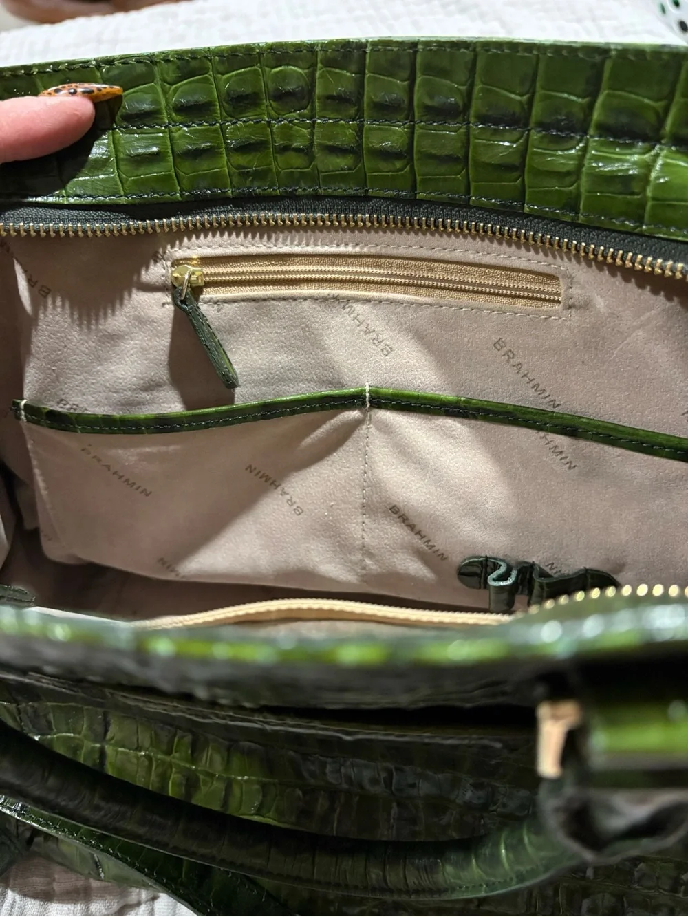 Brahmin Croc-Embossed Olive Green Satchel with Detachable Strap